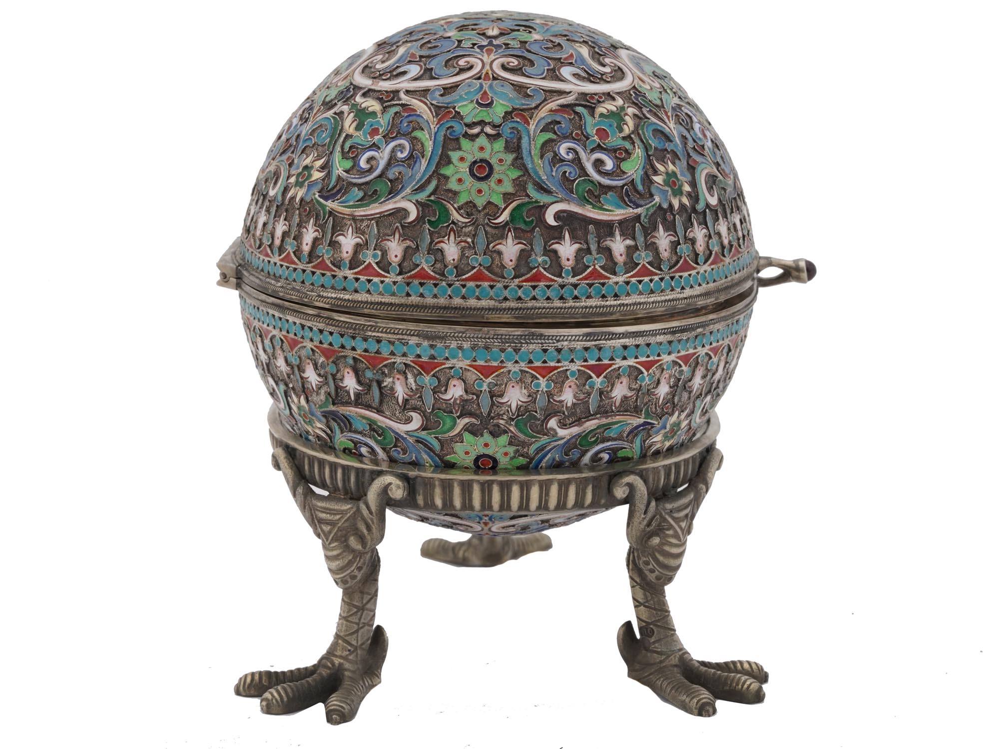 EXTRA LARGE RUSSIAN SILVER ENAMEL EGG WITH STAND PIC-3